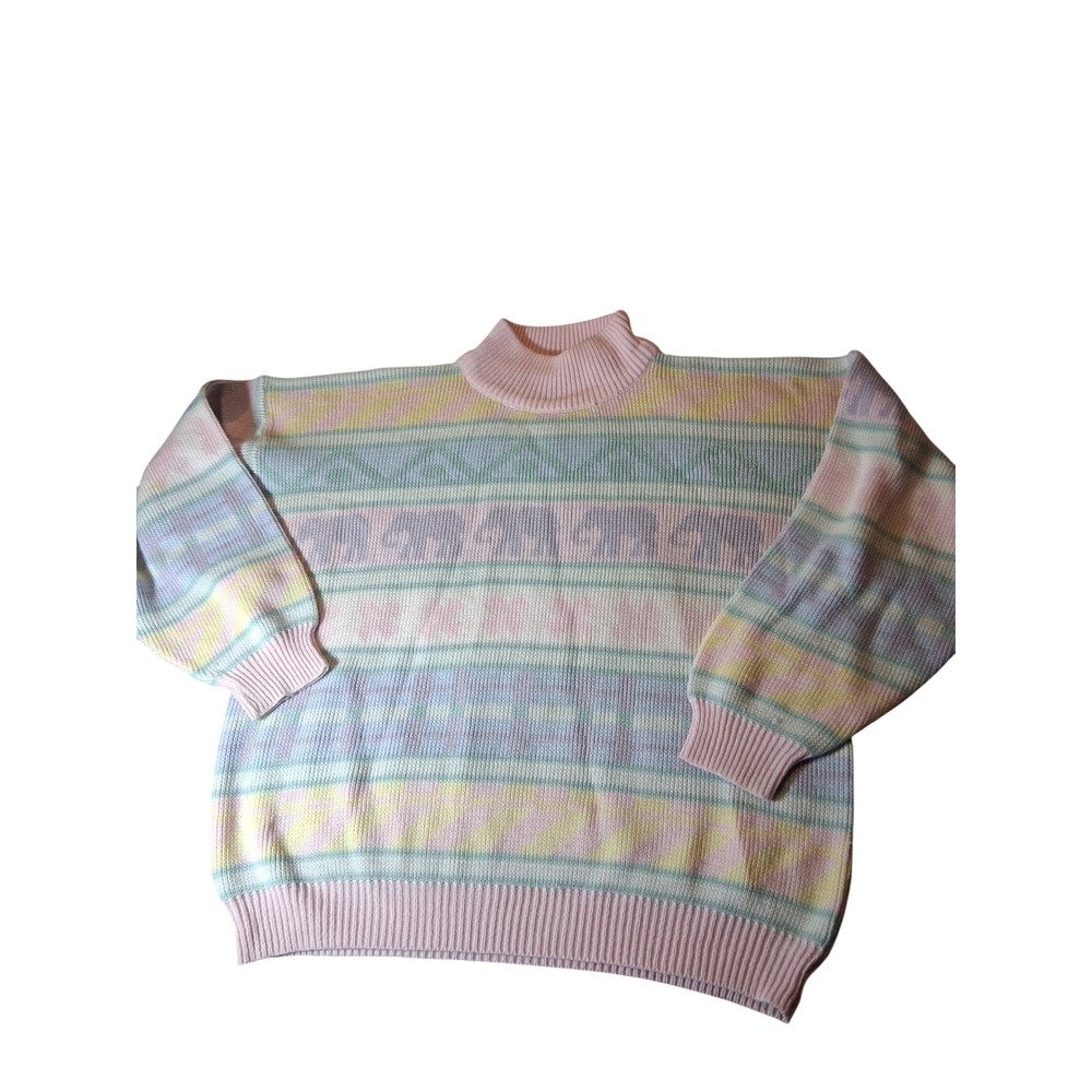 Vintage Gitano Ma Pastel Fair Isle Elephant Sweater Mock Neck Acrylic Womens M